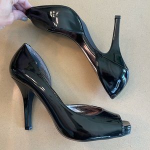 Black patent leather Sarah peep-toe heels